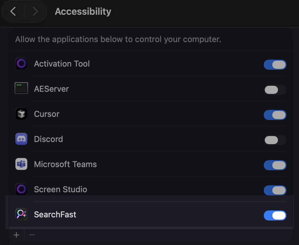 macOS Accessibility settings showing SearchFast enabled in the list of apps that can control your computer