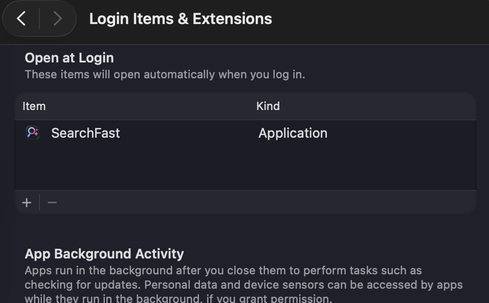 SearchFast running in the background with menu bar icon